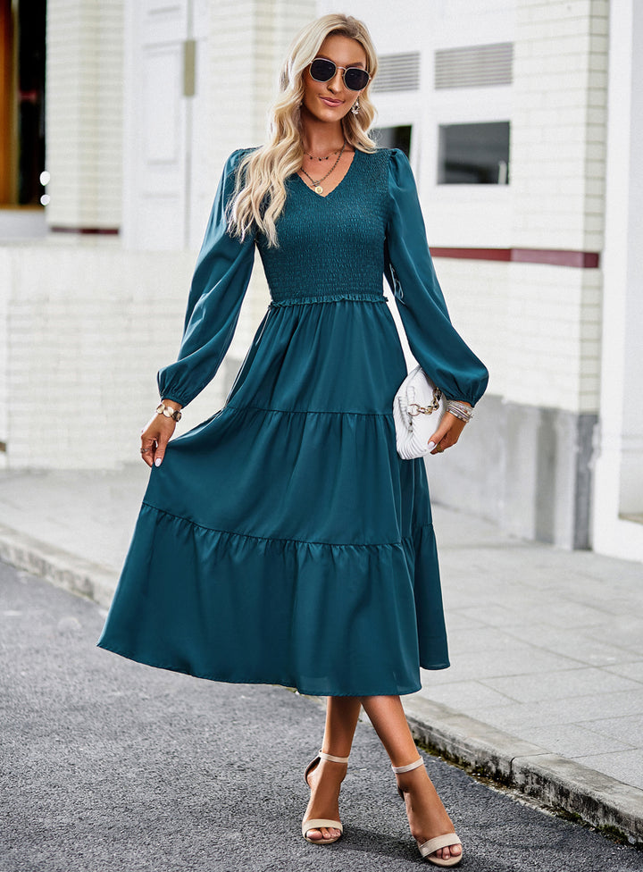 Solid Color V-Neck Long Sleeve Midi Dress