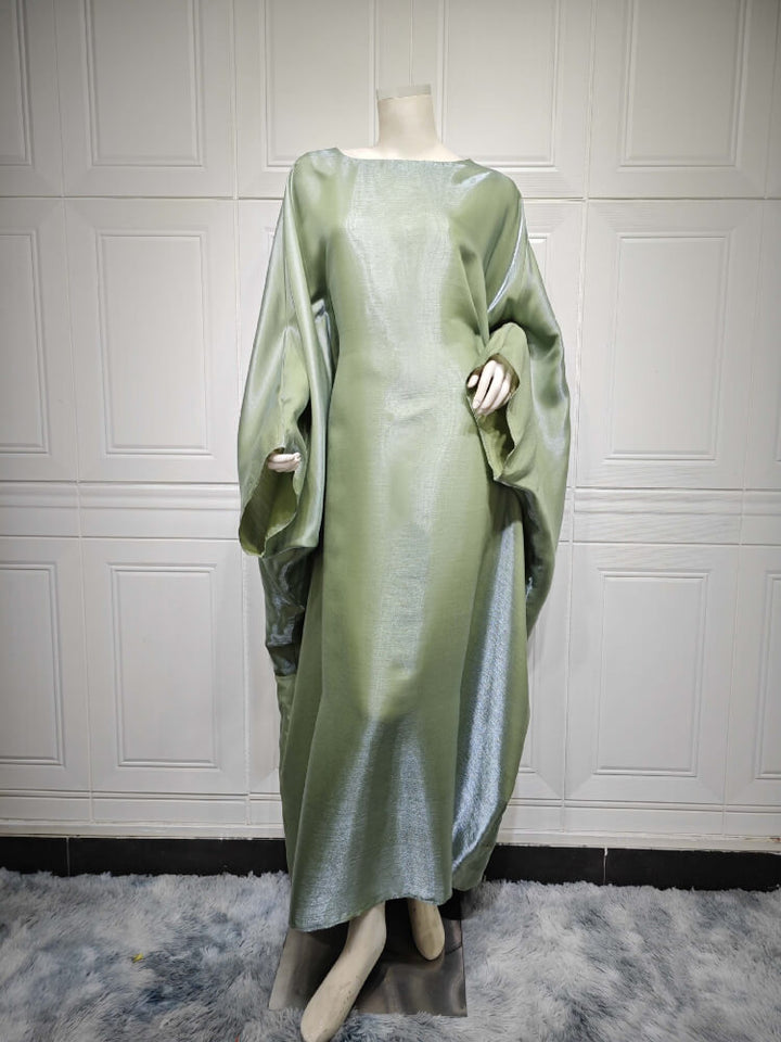 Crewneck Bright Silk Satin Tight-Waist Dress Abaya
