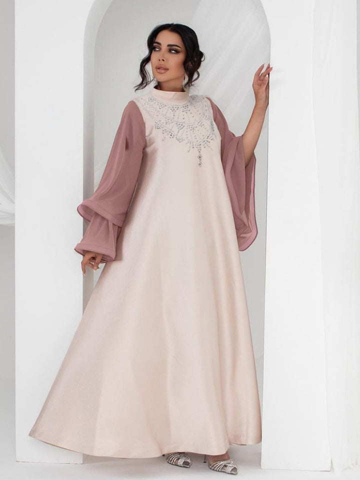 Colorblock Bell-Sleeve Diamond-Led Satin Jalabiya Dress