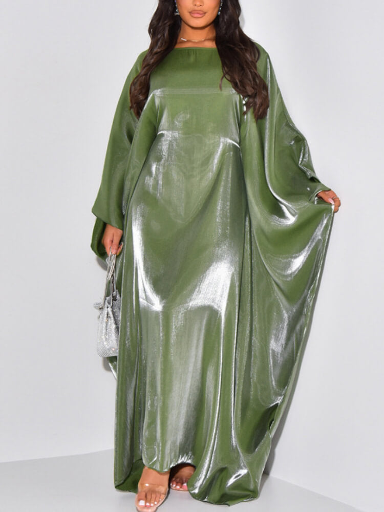 Crewneck Bright Silk Satin Tight-Waist Dress Abaya