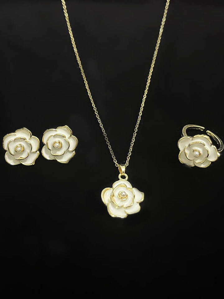 Women's Pearl Suit Flower Ring Pendant Three-piece Set