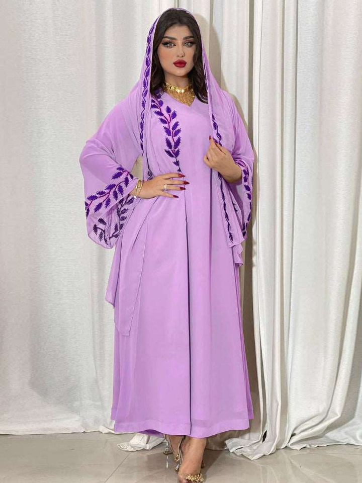 Chiffon Embroidered V-Neck Dress With Headscarf