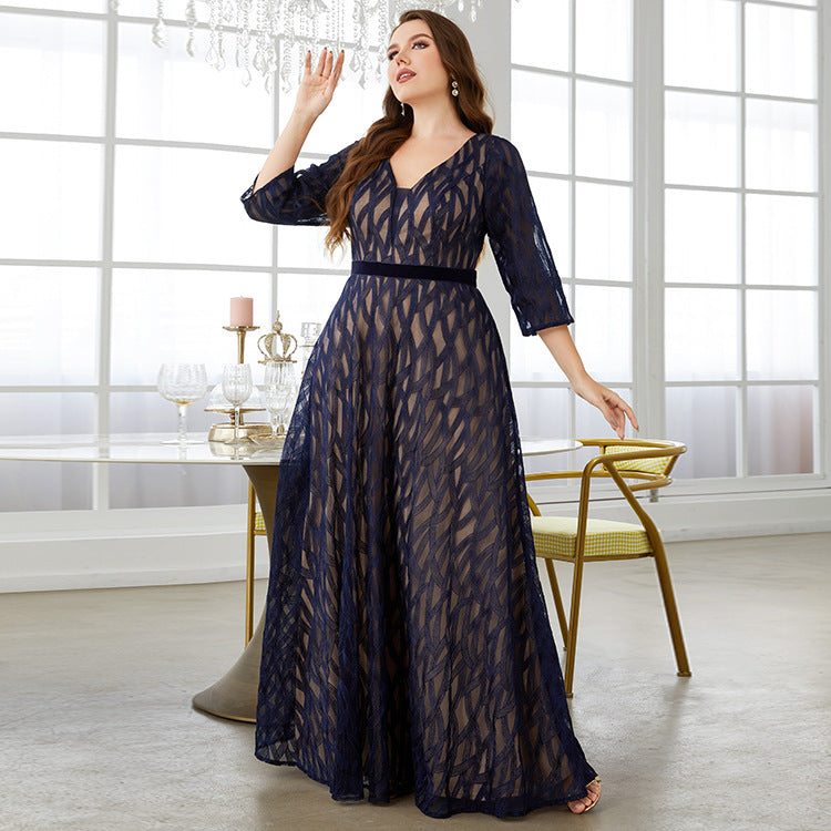 V-Neck Lace Midi Sleeve Evening Gown