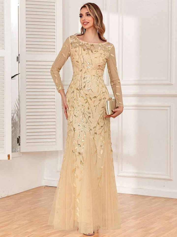 Bead Embroidered Long Sleeve Banquet Evening Dress