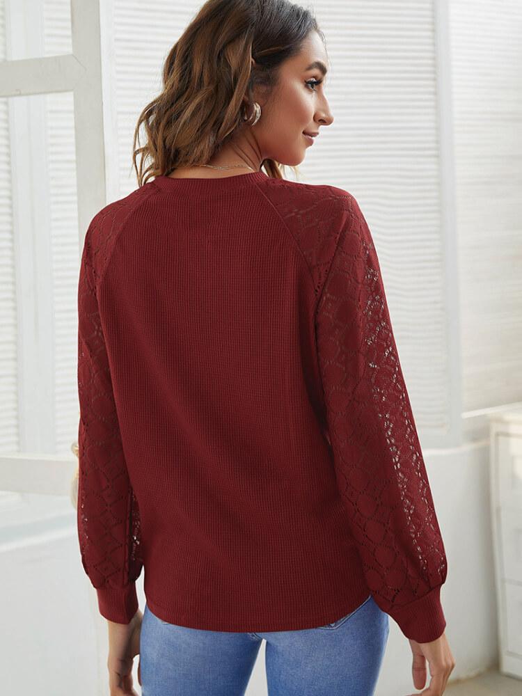 Casual Lace-Stitched Waffle Knit Top