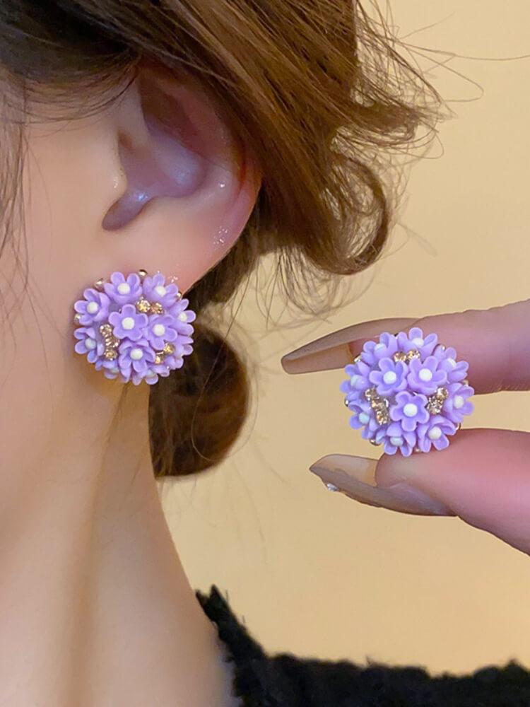 Silver Needle Diamond Flower Earrings