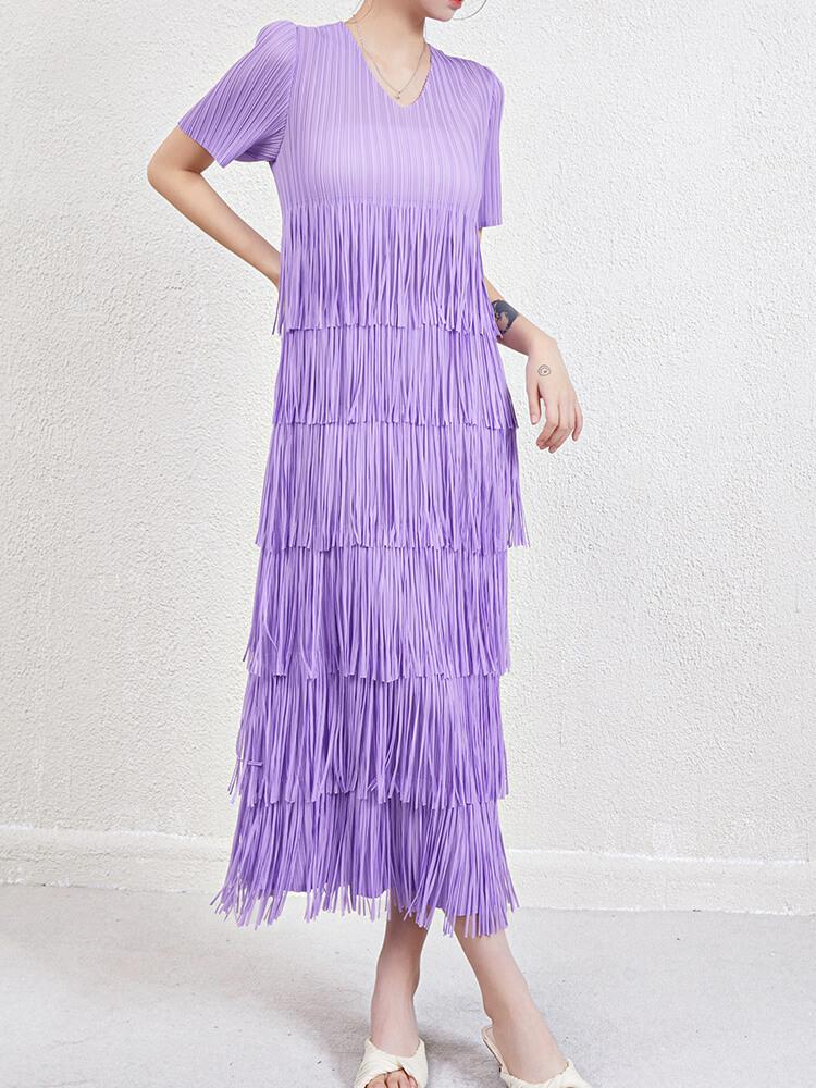 Women's Solid Color Fringed Lace-Up Dress