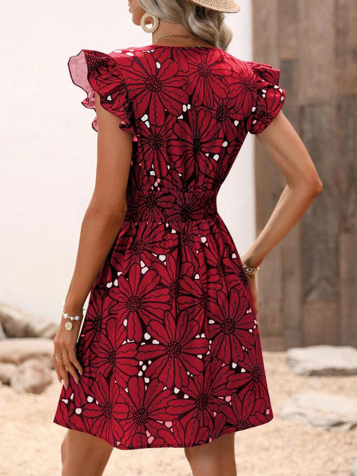 V-Neck Tight Floral Ruffle Dress