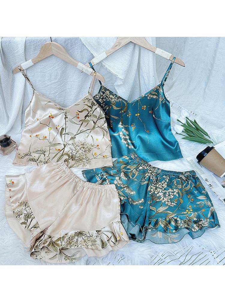 Women's Ice Silk Nightdress Shorts Two-Piece Set