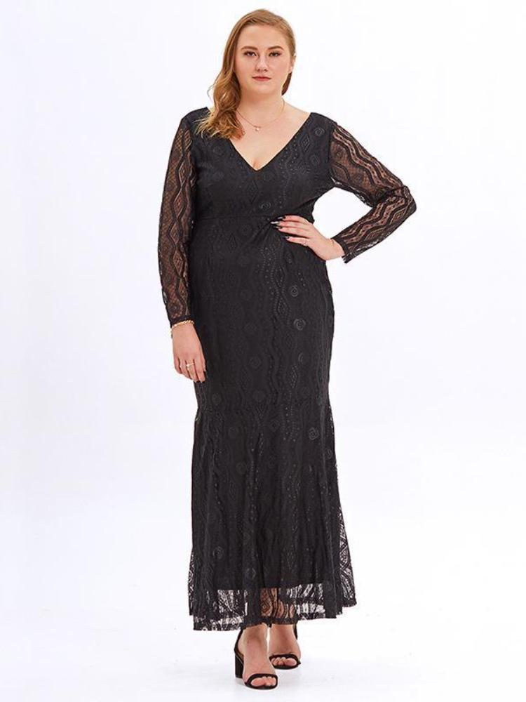 Lace Long Sleeve Plus Size Evening Dress