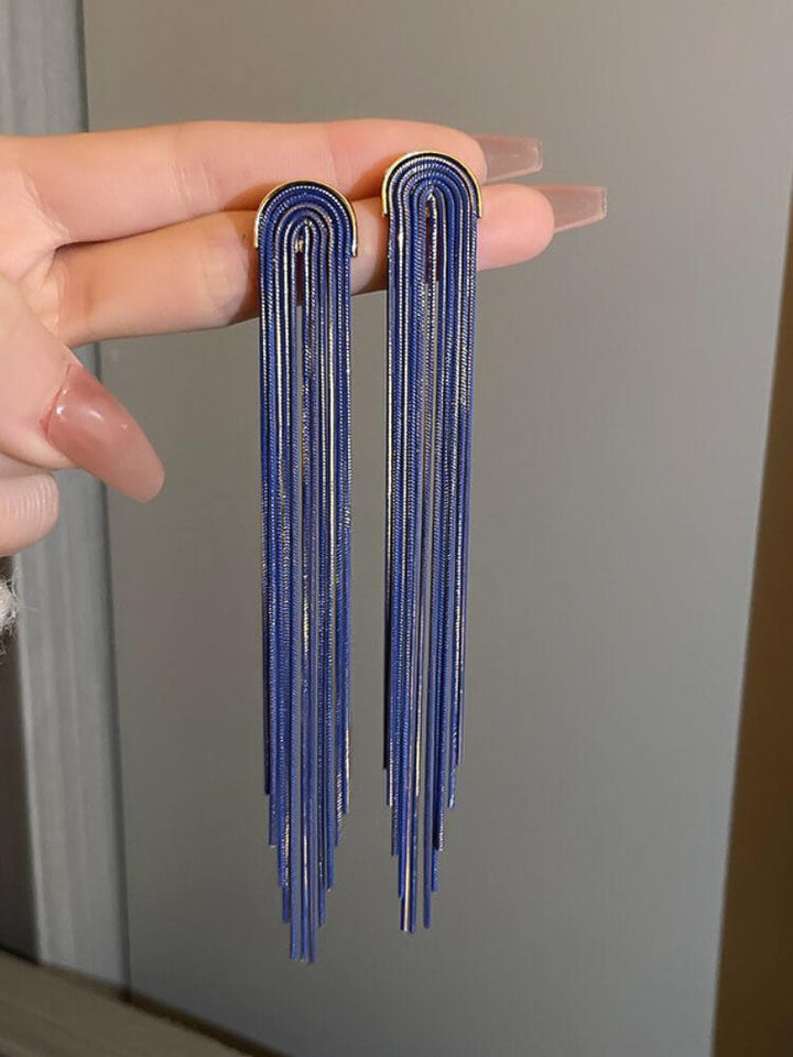 Silver Pin U-shaped Chain Long Tassel Earrings