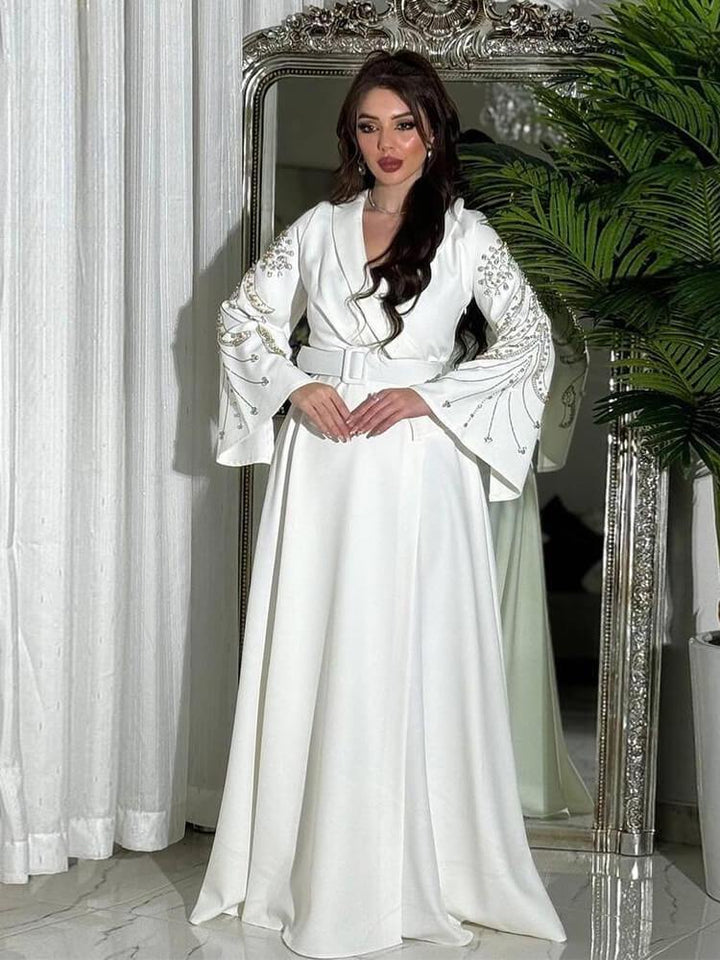 Rhinestone V-Neck Elegant Robe Dress With Belt