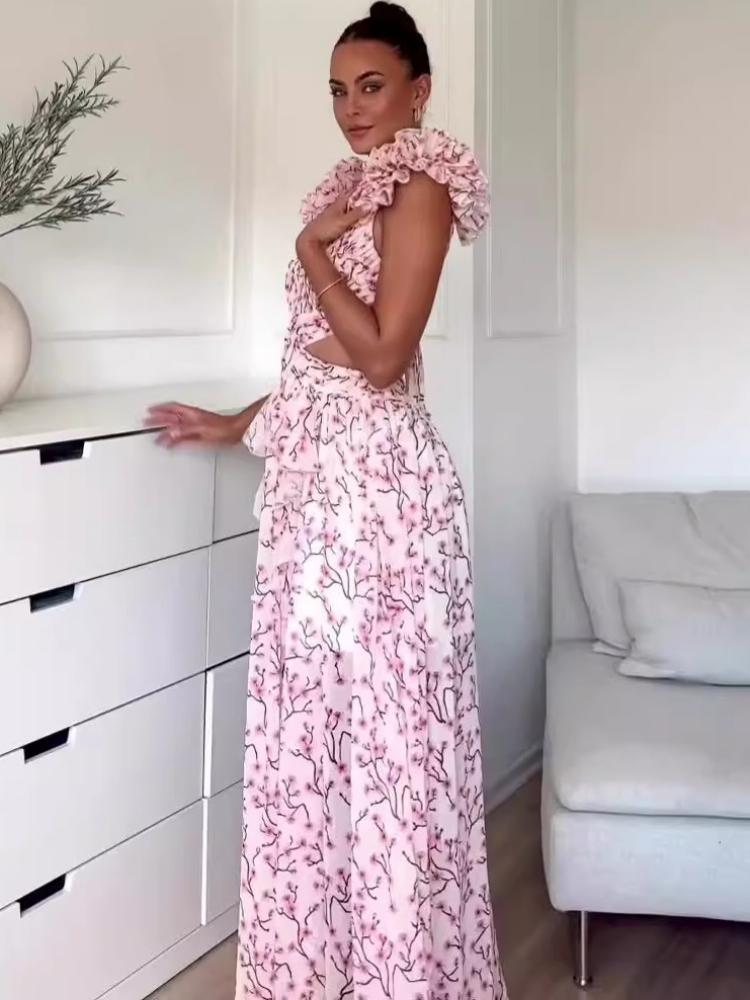 Floral Printed Deep V-Neck Backless Maxi Dress