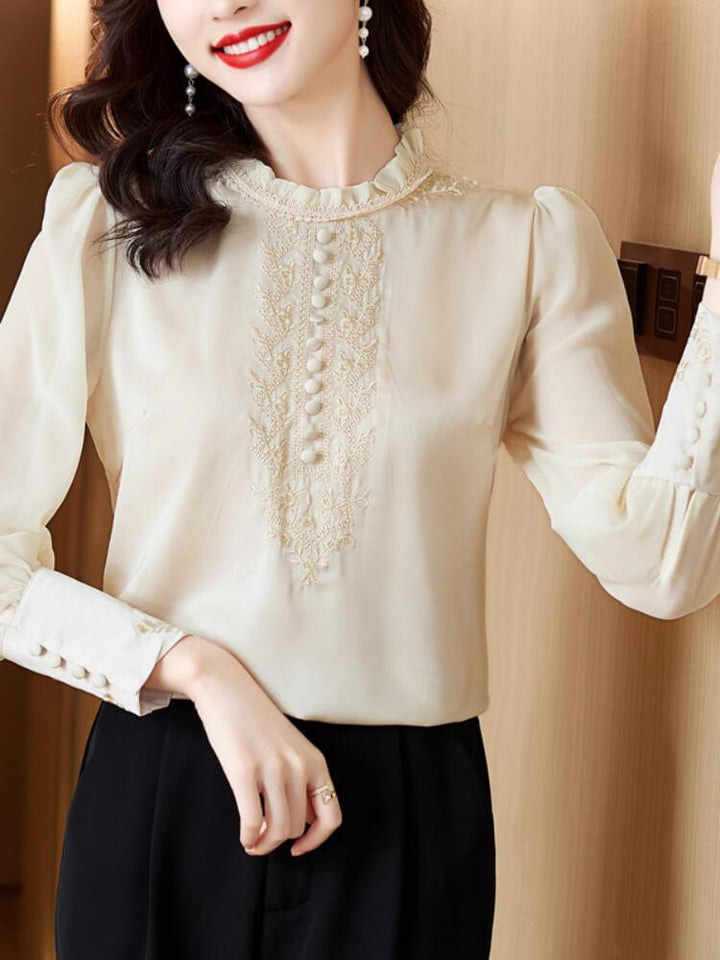 Women's Long-sleeved Embroidered Mulberry Silk Top
