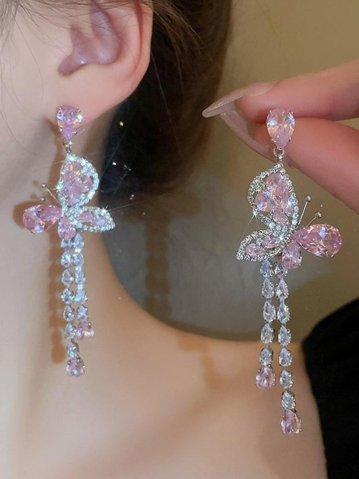 Pink Butterfly Drops Long Tassel Earrings