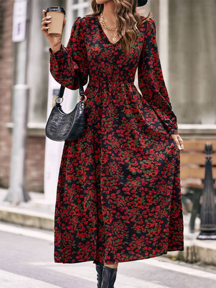 Women's Casual Long Sleeve Printed Midi Dress