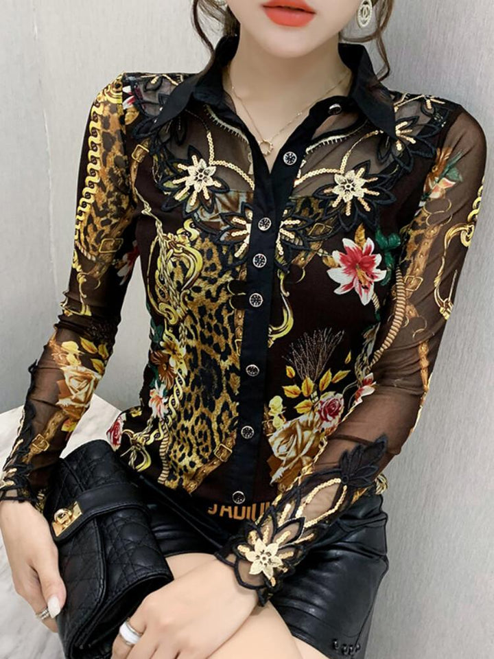 Women's Floral Mesh Stitching Shirt
