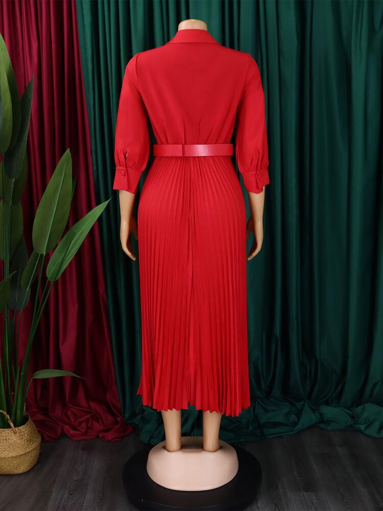 Elegant Solid Color Pleated Midi Dress
