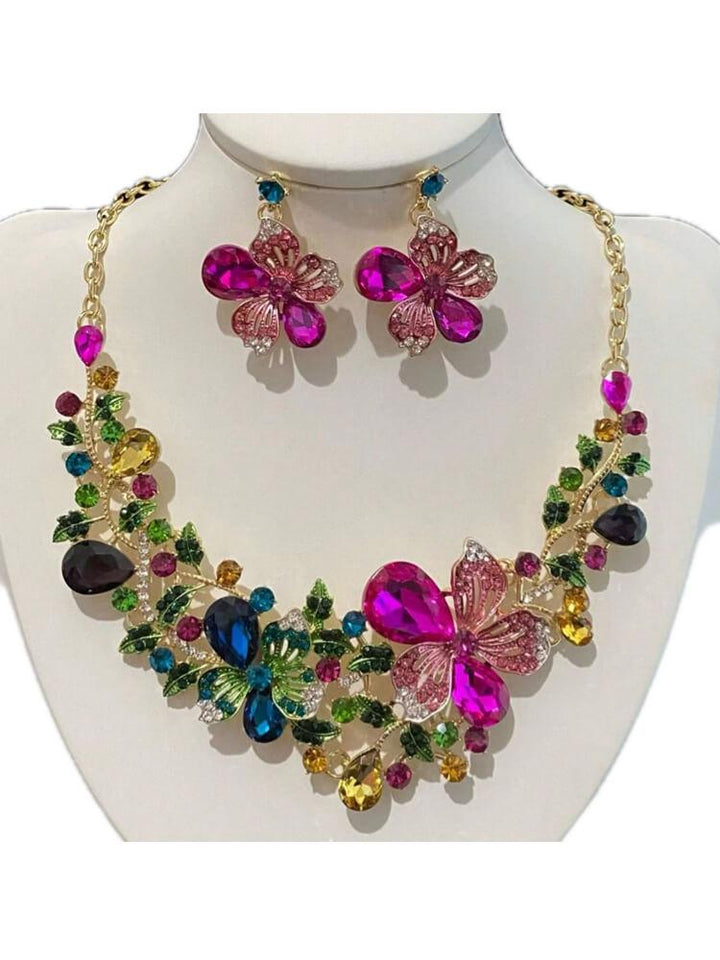 Crystal Gem Flower Necklace Earrings Jewelry Set
