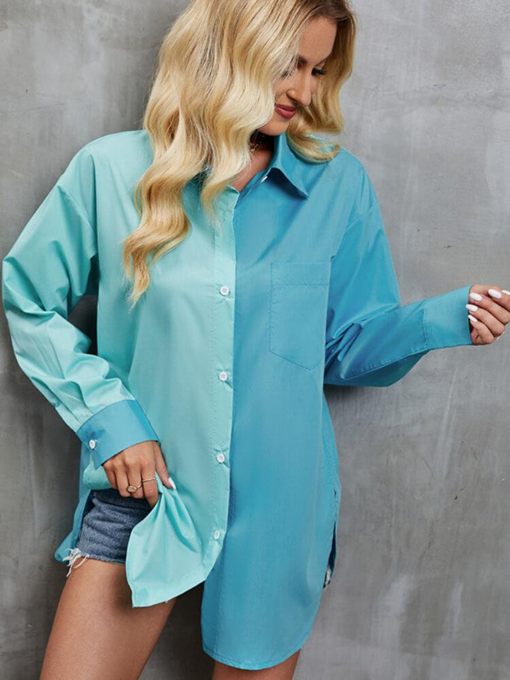 Women's Lapel Long Sleeve Color Block Shirt