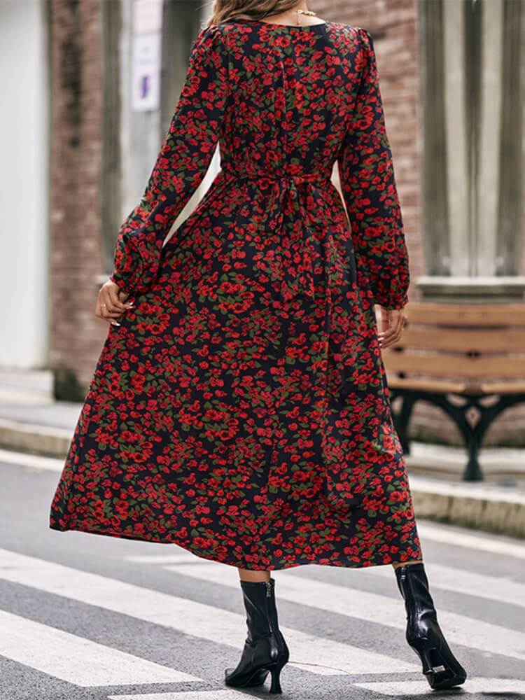 Women's Casual Long Sleeve Printed Midi Dress