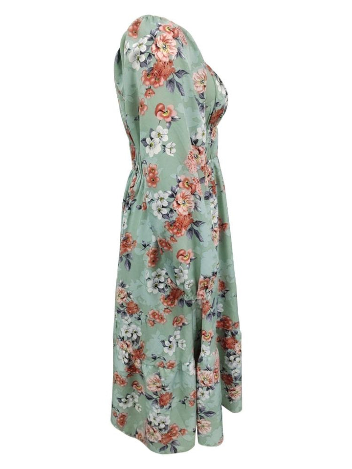 Women's Square-Neck Long-Sleeve Printed Midi Dress