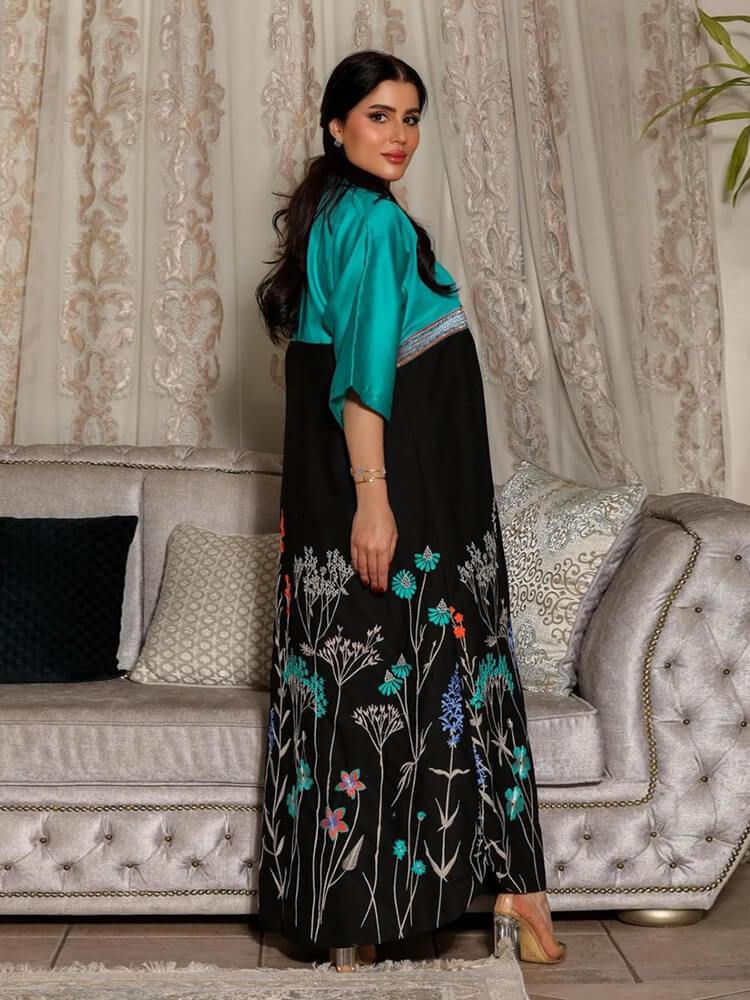 Floral Printed Contrast Robe Dress Jalabiya