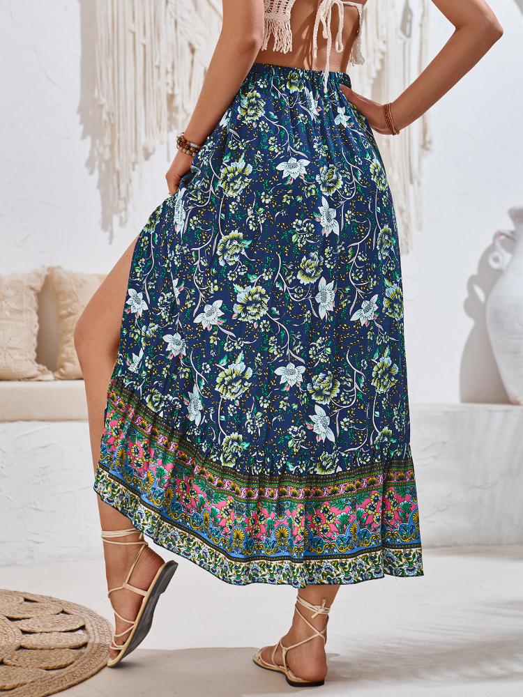 Casual Floral Printed Drawstring Skirt