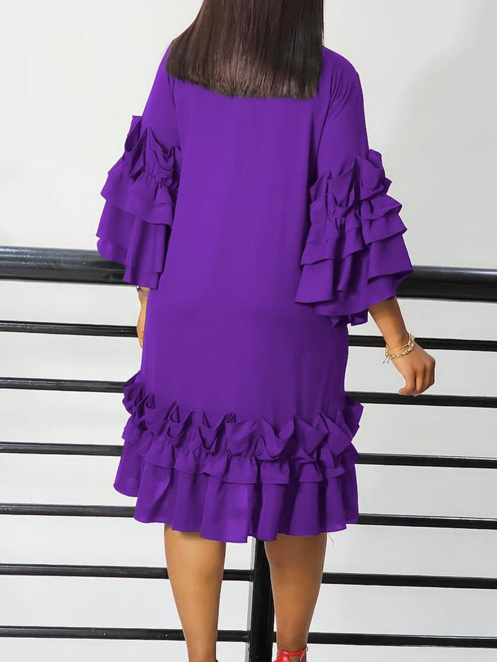 Solid Color Ruffled Flare Sleeve Midi Dress