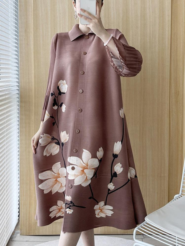 Lappel Floral Printed Midi Dress