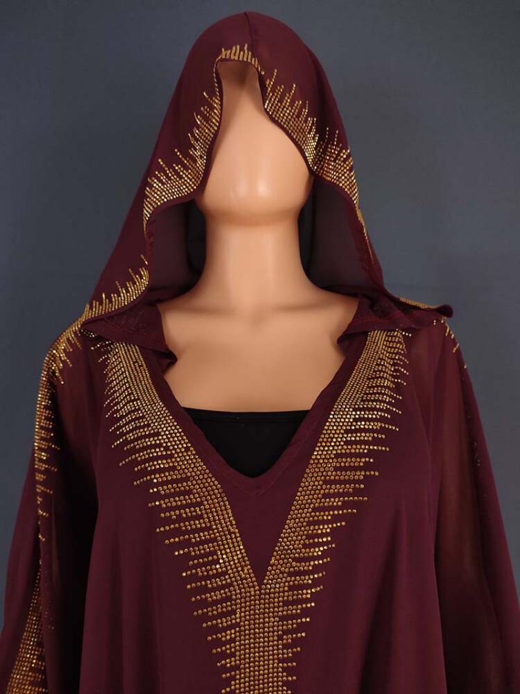 Chiffon Hot Diamond Hooded Abaya Set
