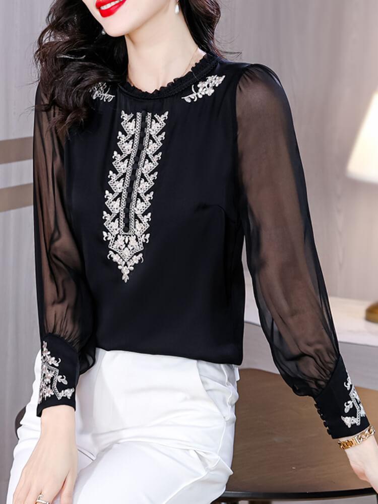 Women's Long-sleeved Embroidered Mulberry Silk Top