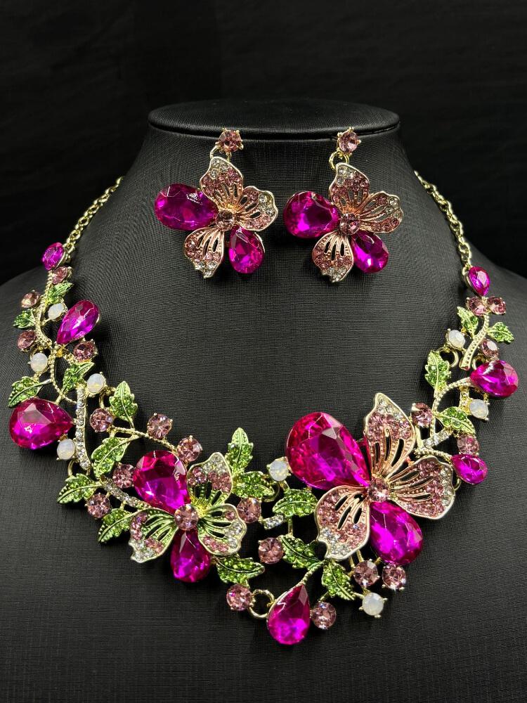 Crystal Gem Flower Necklace Earrings Jewelry Set