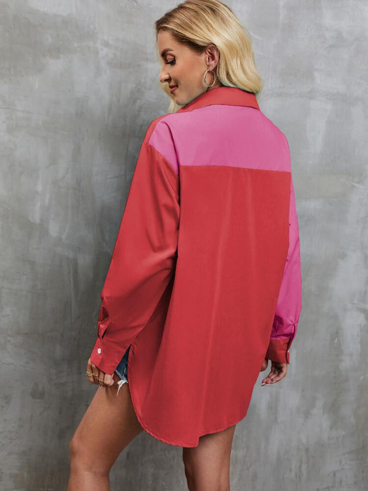 Women's Lapel Long Sleeve Color Block Shirt