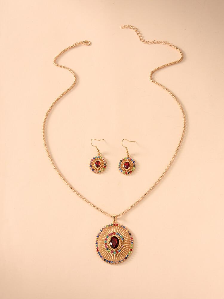 Gold Print Color Crystal Necklace Earrings Two-Piece Set
