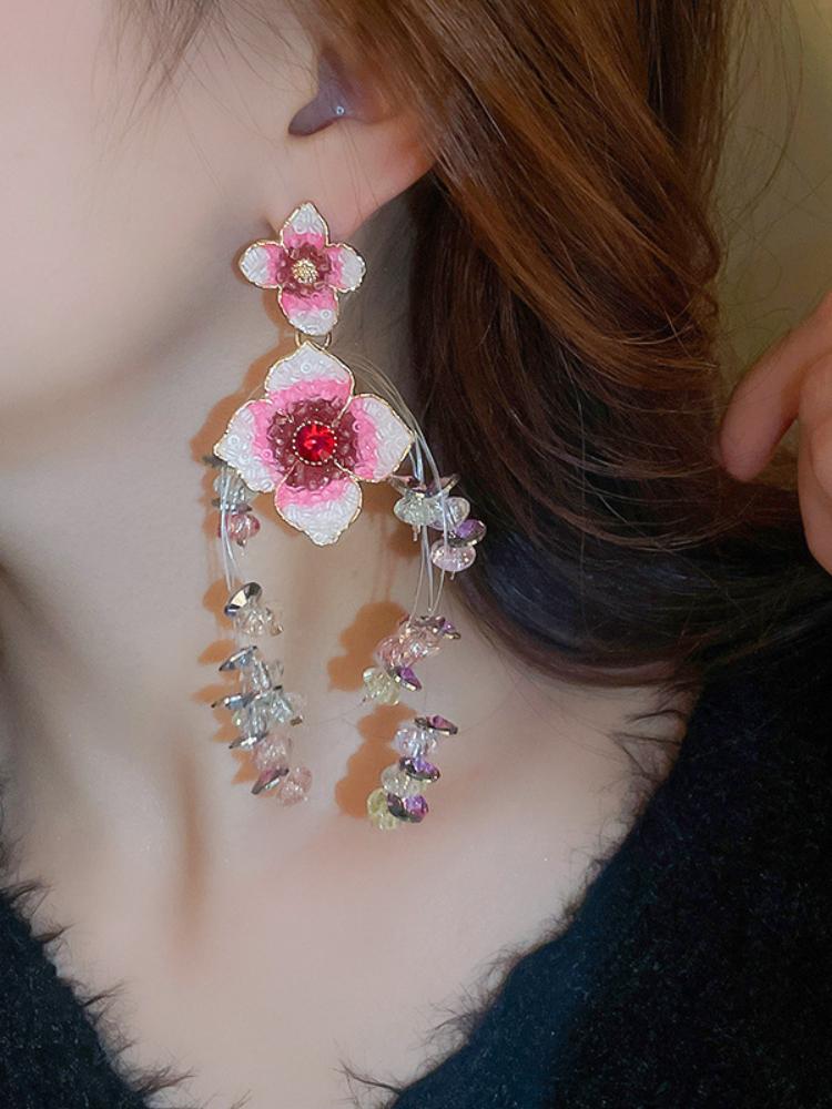 Flower Crystal Tassel Earrings