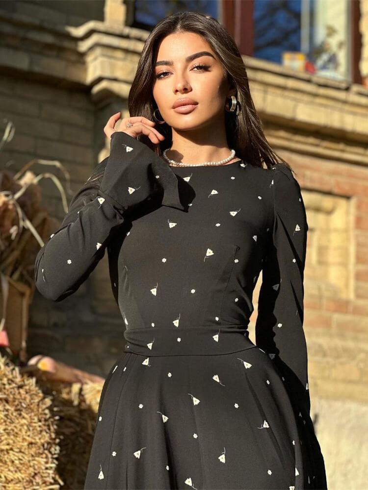 Printed Long-Sleeve Lace-Up Dress
