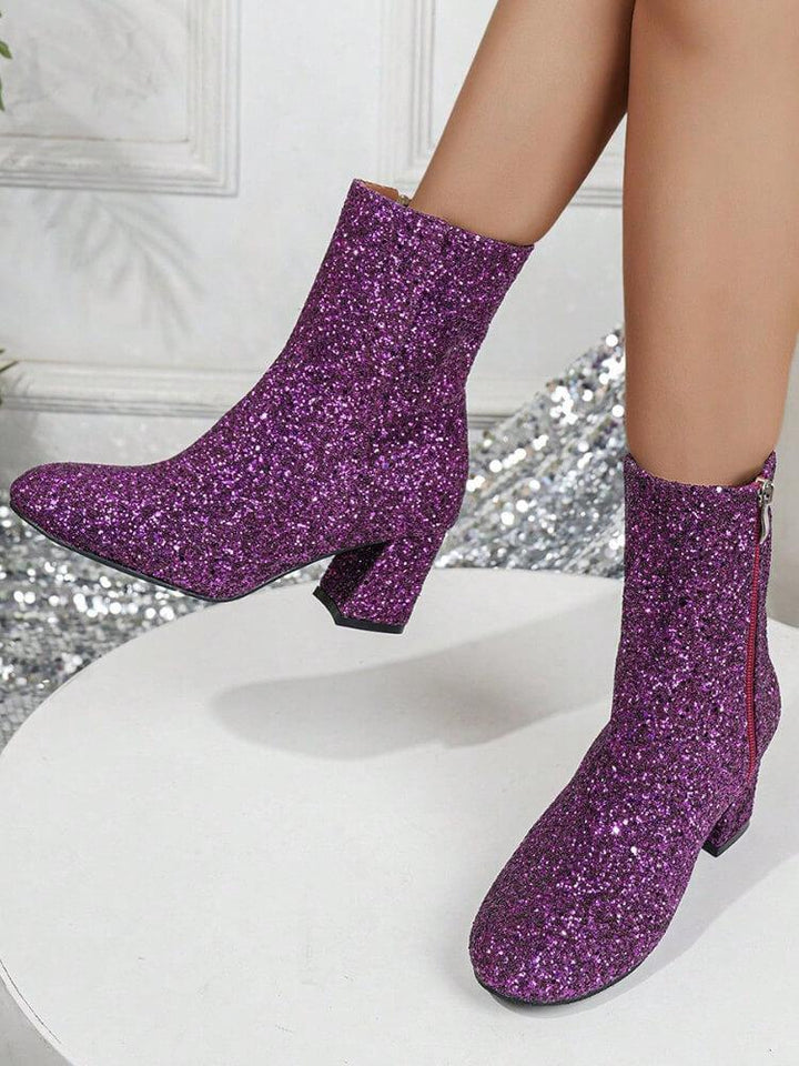 Women's Round-toed Sequined Heeled Boots