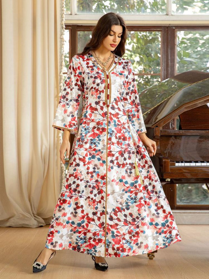 Floral Printed Rhinestone Dress Kaftan