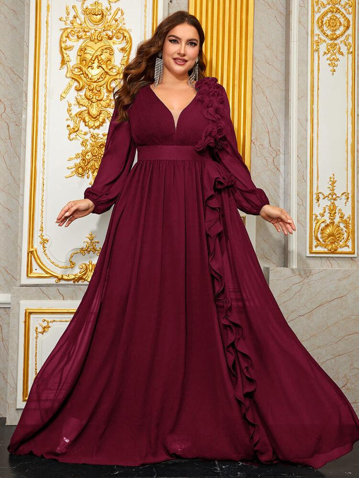 Plus Size Ball Three-Dimensional Lace Lantern Sleeve V-Neck Chiffon Elegant Evening Dress