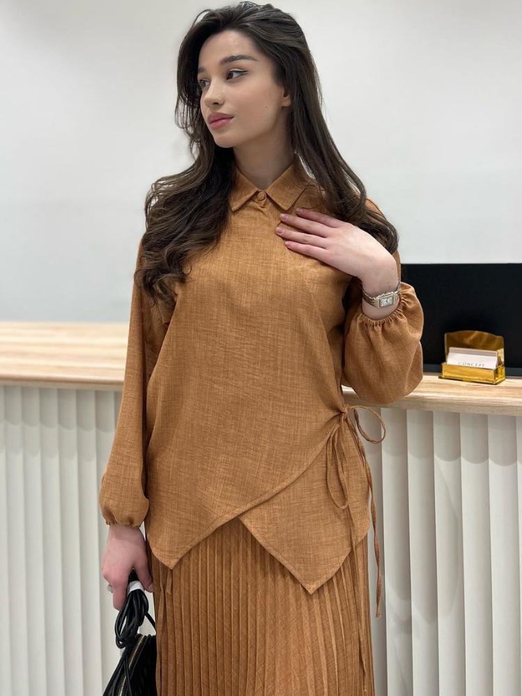 Women's Casual Lace-Up Shirt Pleated Dress Set