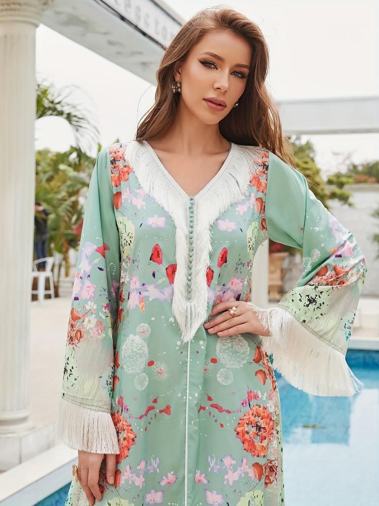 Summer Lightweight Printed Fringed Maxi Dress Jalabiya