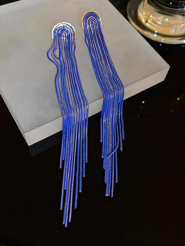 Silver Pin U-shaped Chain Long Tassel Earrings