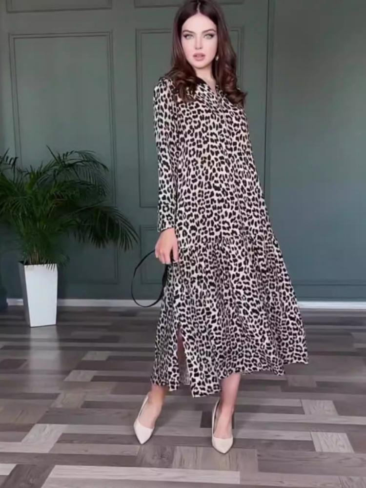 Elegant Leopard Print Midi Dress(WithBelt)