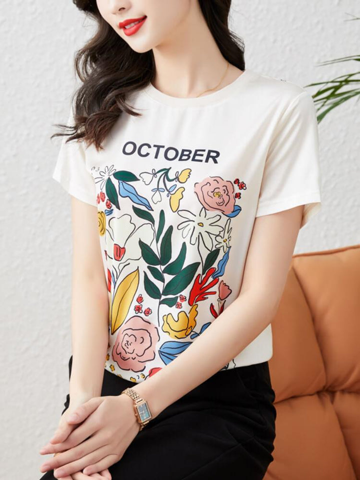 Women's Printed Round Neck Silk T-Shirt