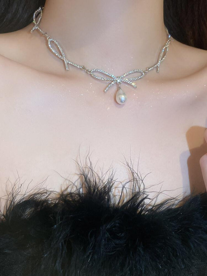 Women's Diamond Bow Pearl Necklace