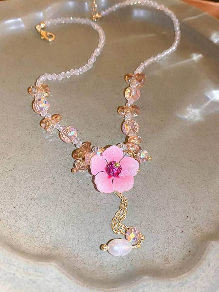 Diamond-encrusted Flower Crystal Pearl Tassel Necklace