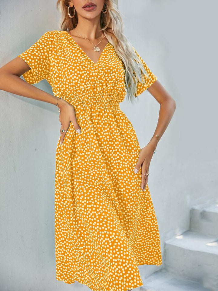 V-Neck Printed Short-Sleeve Midi Dress