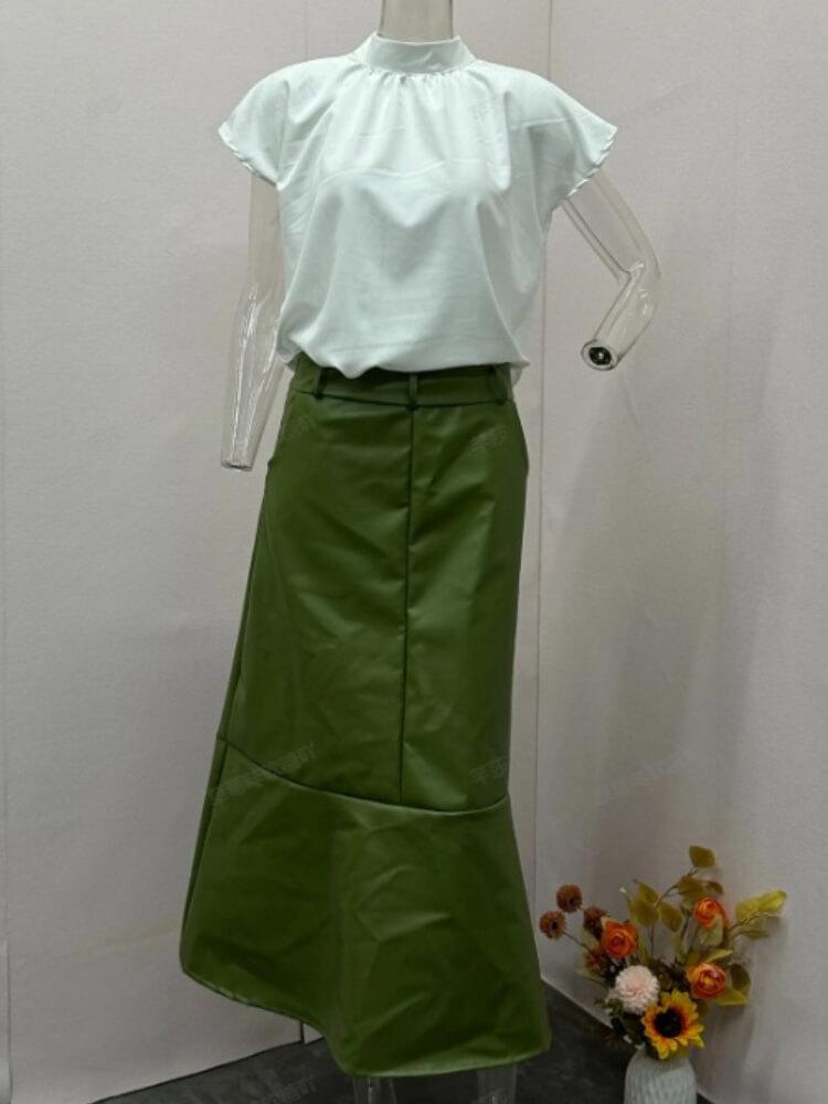 Solid Color Sleeveless Shirt High Waist Leather Dress Set