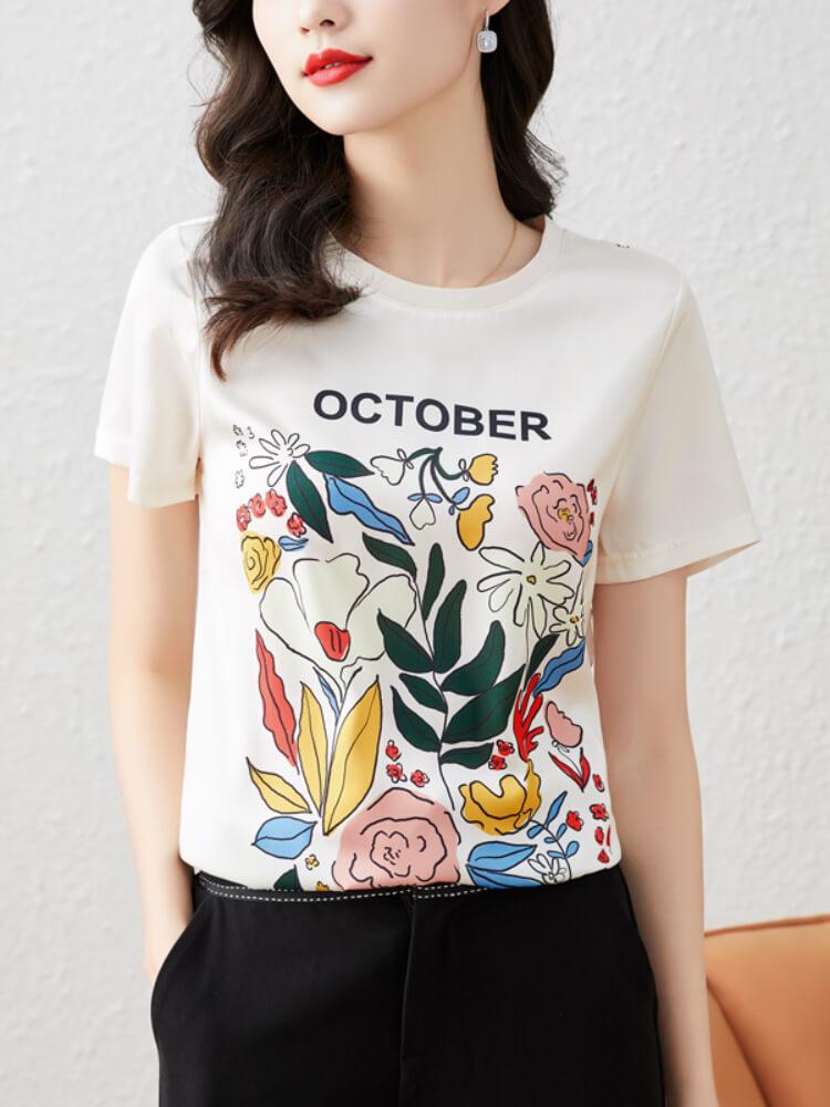 Women's Printed Round Neck Silk T-Shirt
